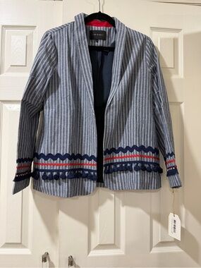 Free the Roses Blue and Red Striped Embellished Open-Front Blazer